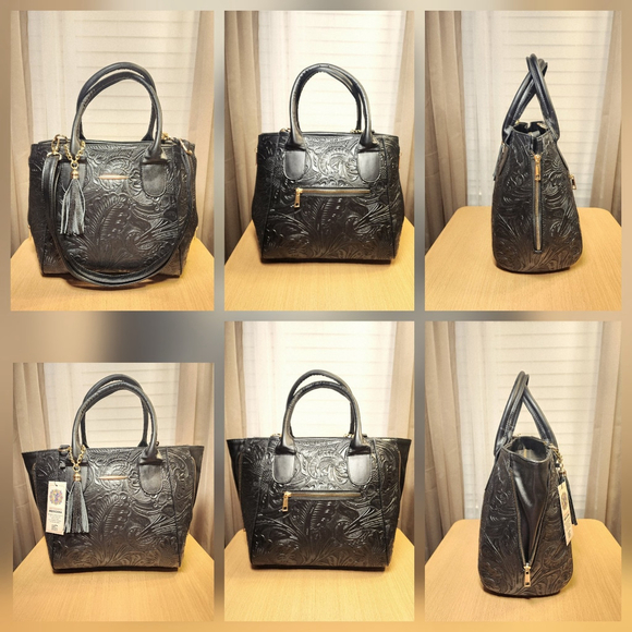 Black Zippered Floral Embossed Tooled Artisan LEATHER Hobo Bag Purse Artesanal - Picture 15 of 16